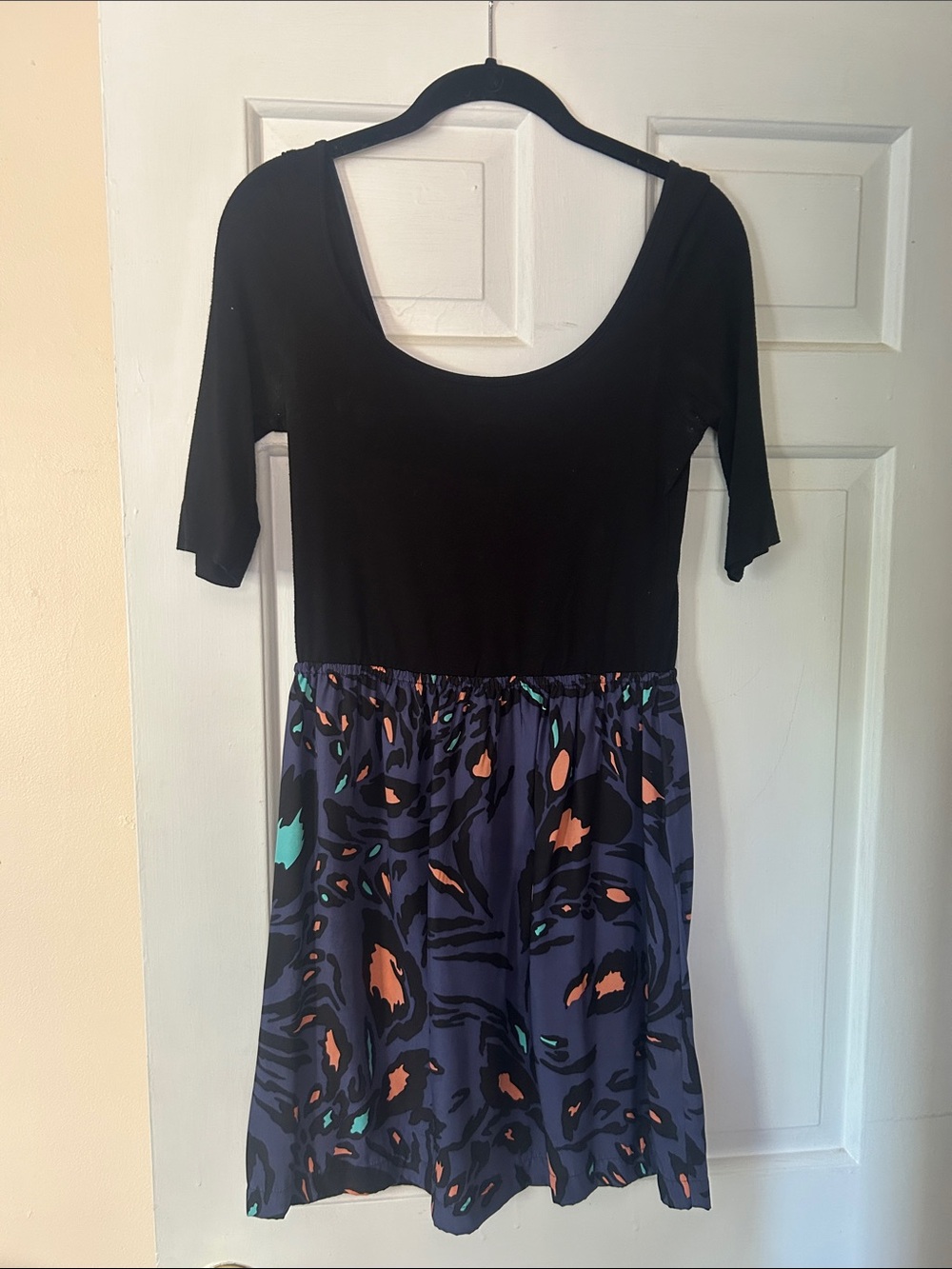 Eight Sixty Black Top Mini Dress with Navy Abstract Print Skirt